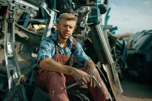 Dirty male repairman with wrench on car junkyard